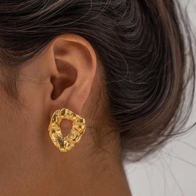 INS Vintage fold pattern geometric circle stainless steel earrings