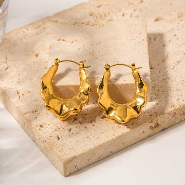 18K gold plated lava design hoop stainless steel earrings