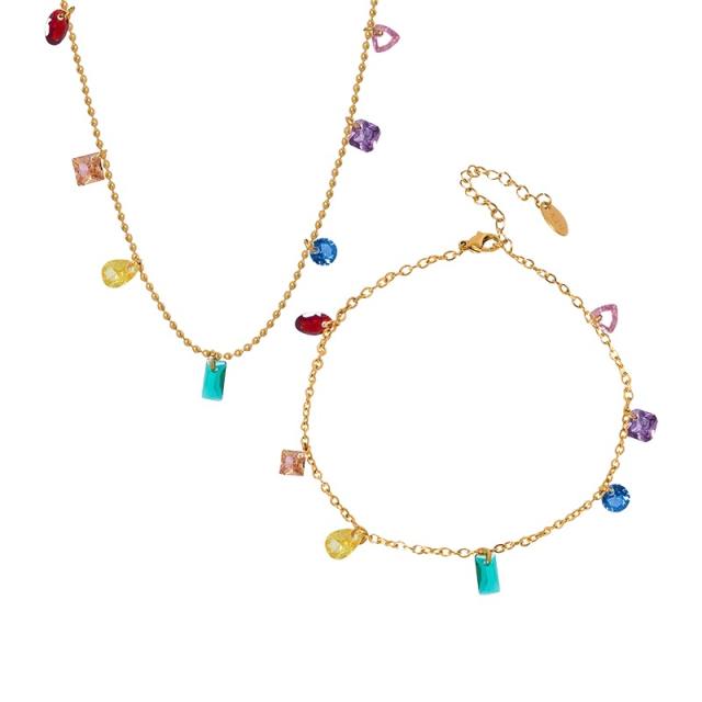 18K rainbow cubic zircon charm stainless steel bead necklace bracelet