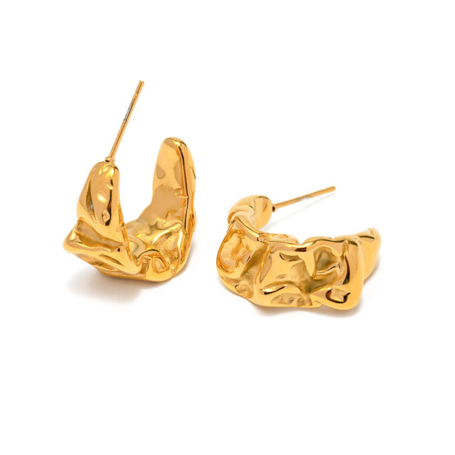 18K chunky fold design open hoop stainless steel earrings