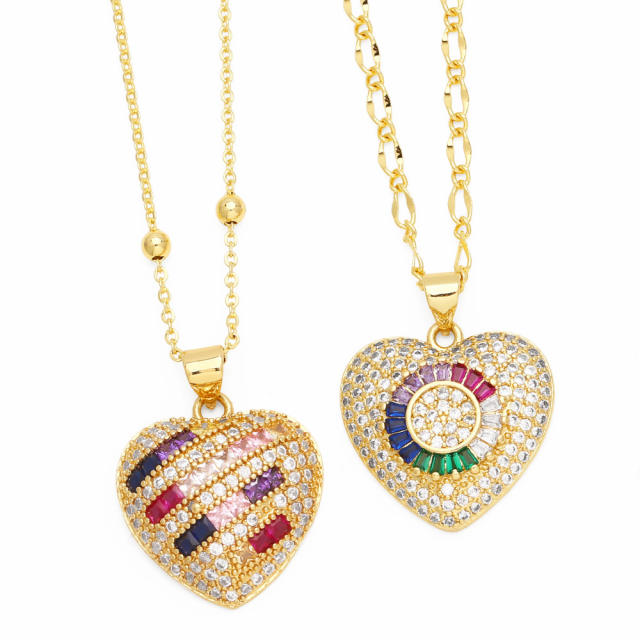 Personality diamond heart rainbow cz pendant gold plated copper necklace