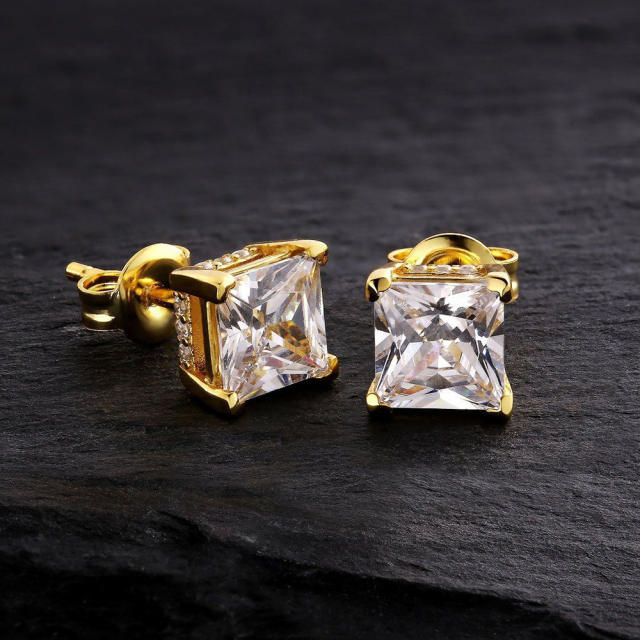 Hiphop square cut colorful cubic zircon studs earrings for men
