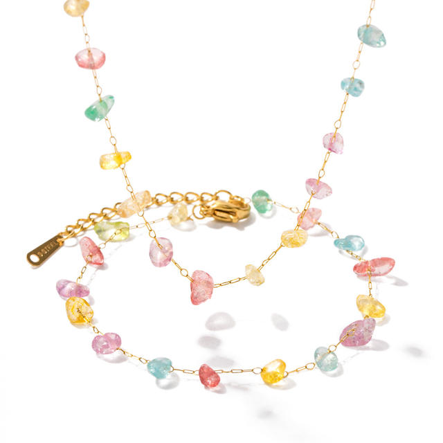 Summer colorful crystal stone dainty stainless steel necklace bracelet set