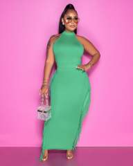 Sexy plain color halter neck tassel bodycon dress