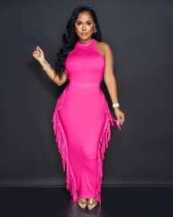 Sexy plain color halter neck tassel bodycon dress