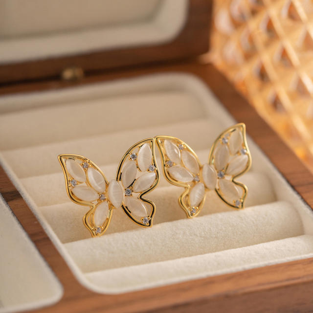 18K gold plated opal stone butterfly elegant studs earrings