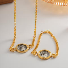 Vintage roman coin series gold plated necklace bracelet set