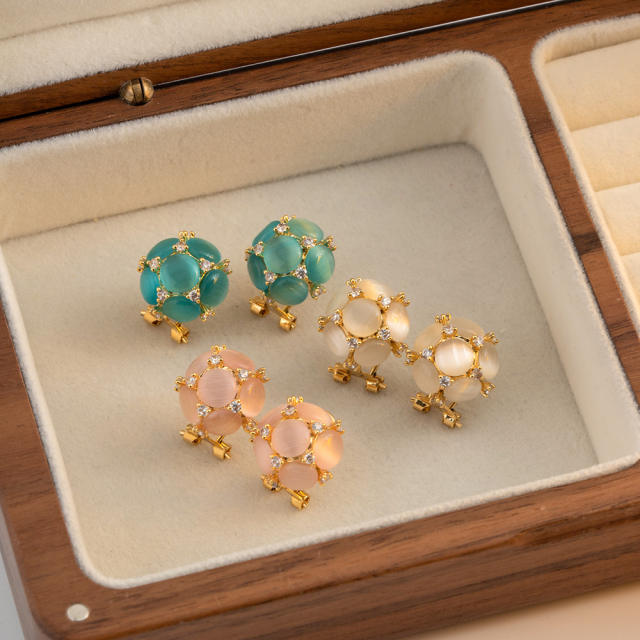 Vintage colorful opal stone ball cute gold plated copper earrings