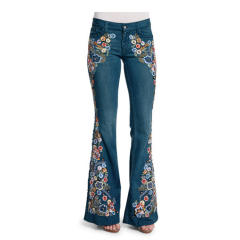 Occident fashion embroidery flower denim flared pants