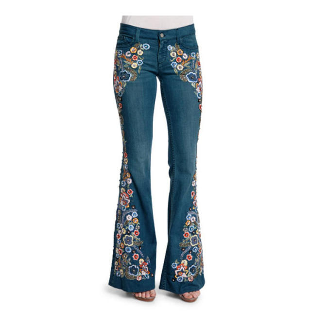 Occident fashion embroidery flower denim flared pants
