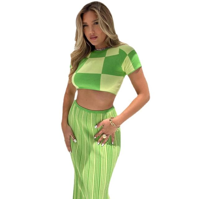 Sexy plaid pattern cropped tops maxi skirt set for women