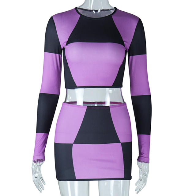 Sexy purple color plaid patter mini skirt crop tops set for women
