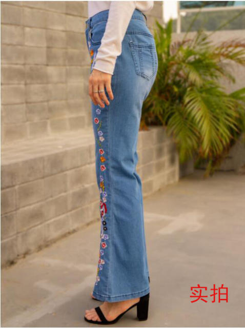 Occident fashion embroidery flower denim flared pants