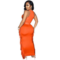 Sexy plain color halter neck tassel bodycon dress