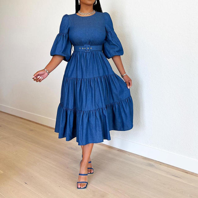 Elegant plain blue color mide dress for women