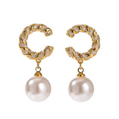 18K vintage c shape pearl drop copper earrings