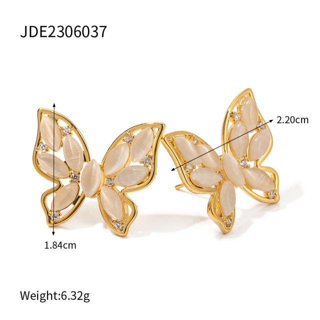 18K gold plated opal stone butterfly elegant studs earrings