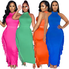 Sexy plain color halter neck tassel bodycon dress