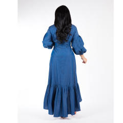 Hot sale denim long sleve ruffle wrap dress