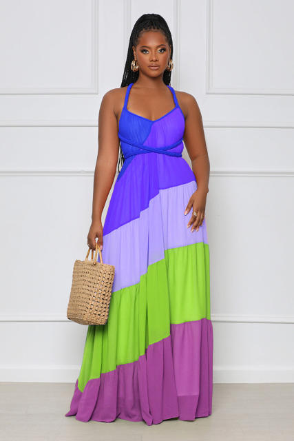 Summer color matching chiffon backless sexy maxi dress beach dress