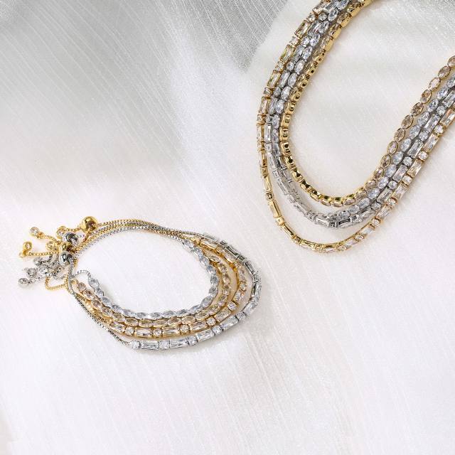 18K gold plated delicate diamond tennis bracelet necklace set