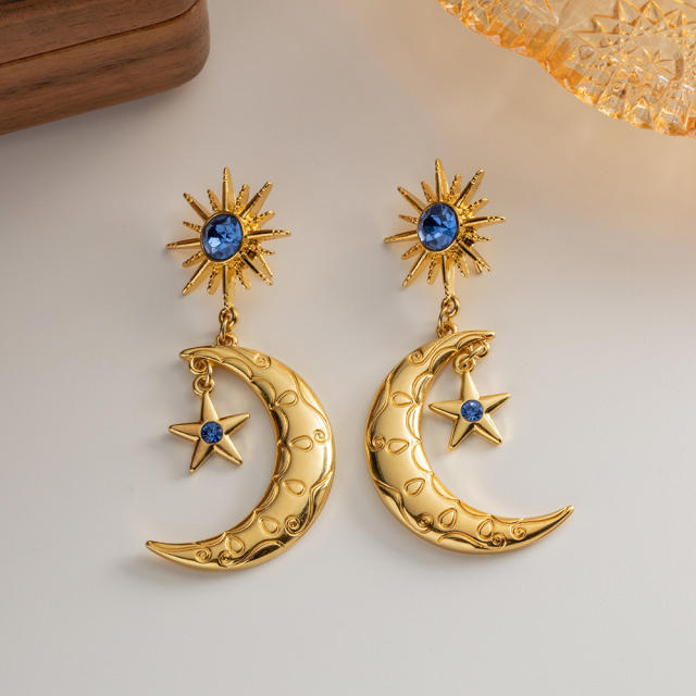 18K vintage moon star gold plated copper earrings