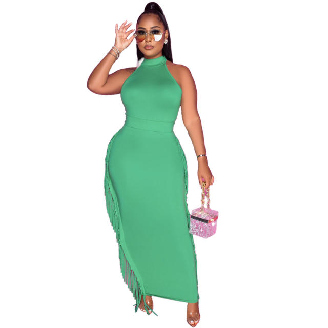 Sexy plain color halter neck tassel bodycon dress