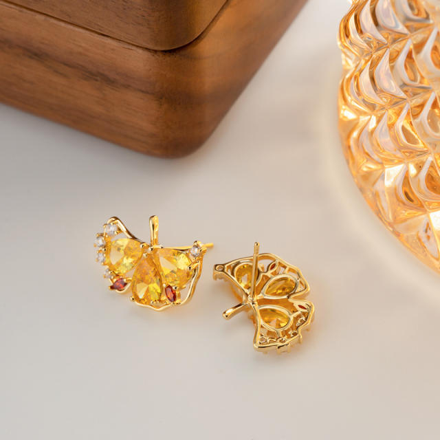Delicate topaz cubic zircon setting ginkgo leaf gold plated copper studs earrings