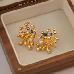 18KG vintage pearl geometric copper studs earrings