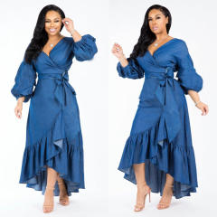 Hot sale denim long sleve ruffle wrap dress