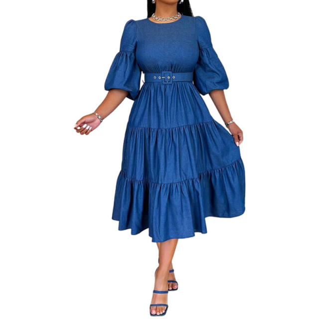 Elegant plain blue color mide dress for women
