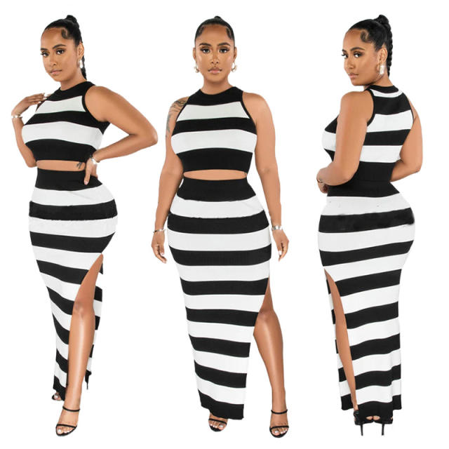 Sexy color stripe bodycon slit skirt crop tops set for women