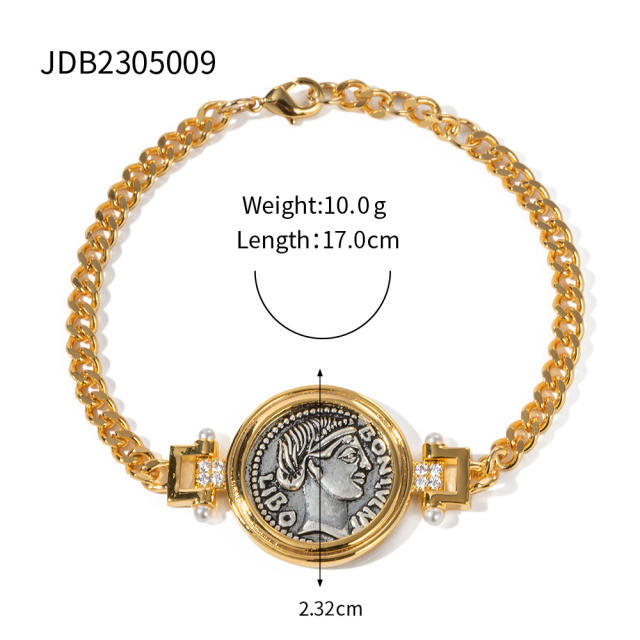 Vintage roman coin series gold plated necklace bracelet set