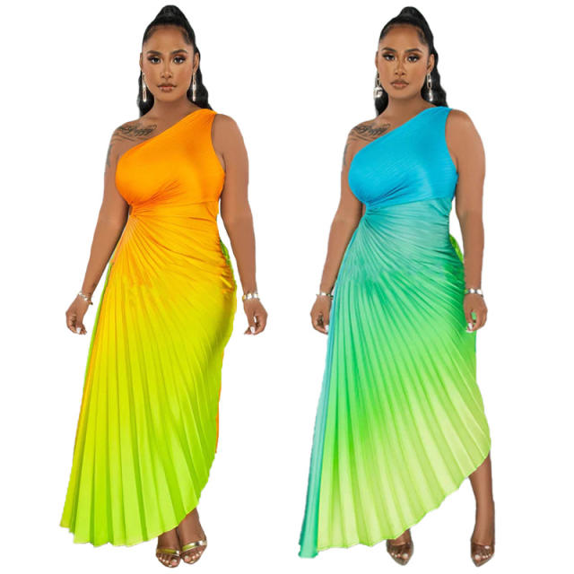 Hot sale Gradient color one shoulder women dress
