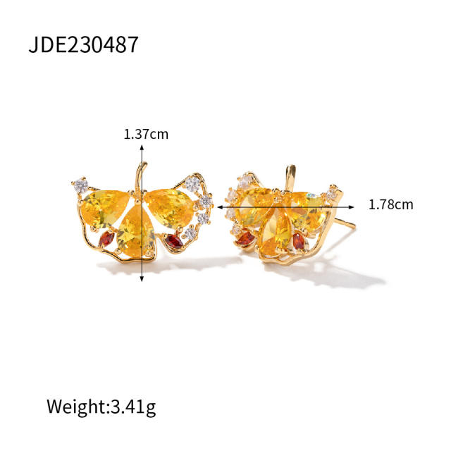 Delicate topaz cubic zircon setting ginkgo leaf gold plated copper studs earrings