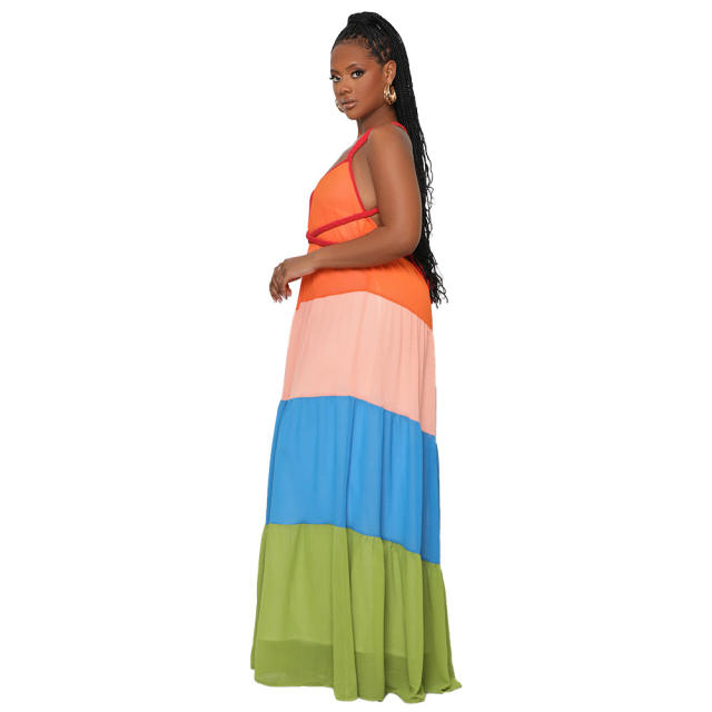 Summer color matching chiffon backless sexy maxi dress beach dress