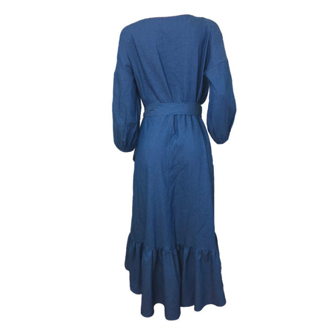 Hot sale denim long sleve ruffle wrap dress