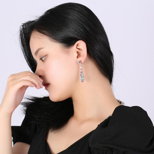 Delicate rainbow cz statement gold plated copper dangle earrings