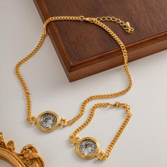 Vintage roman coin series gold plated necklace bracelet set