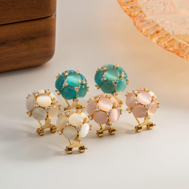 Vintage colorful opal stone ball cute gold plated copper earrings