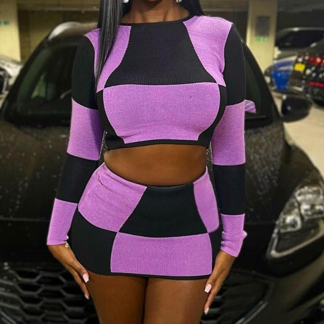 Sexy purple color plaid patter mini skirt crop tops set for women