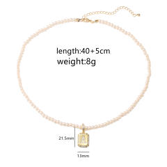 Concise diamond initial letter card pendant pearl necklace