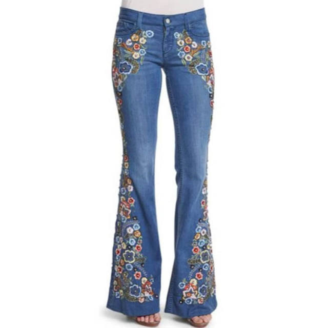 Occident fashion embroidery flower denim flared pants