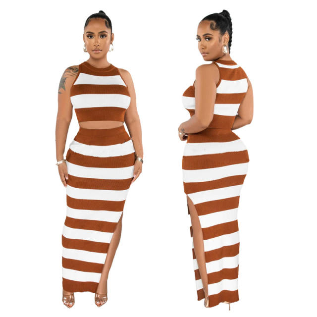 Sexy color stripe bodycon slit skirt crop tops set for women