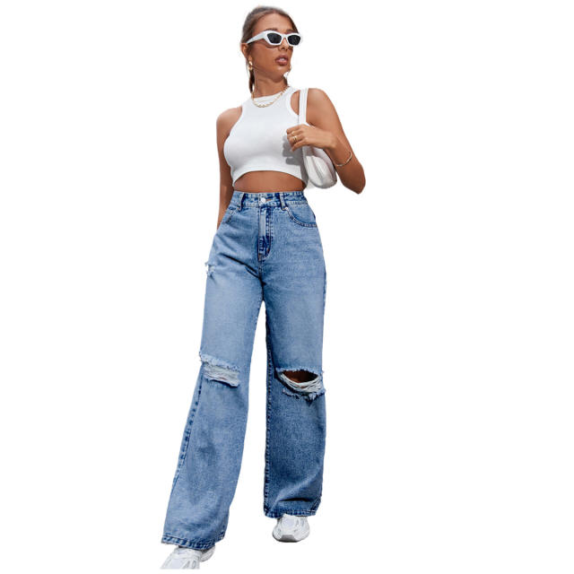 Fashionable ripped denim bootcut pants for women