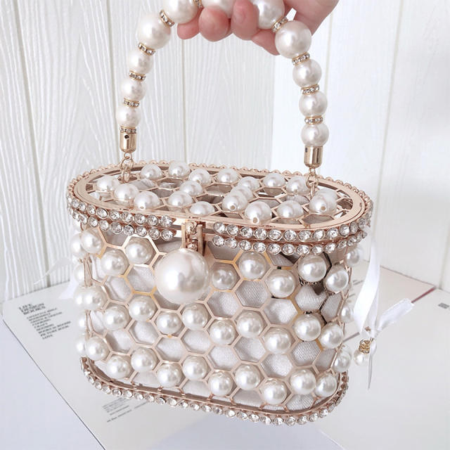 Summer luxury pearl bead hollow out box bag evening bag