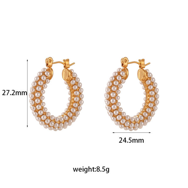 18K full pearl bead stainless steel small hoop earrings huggie earrings
