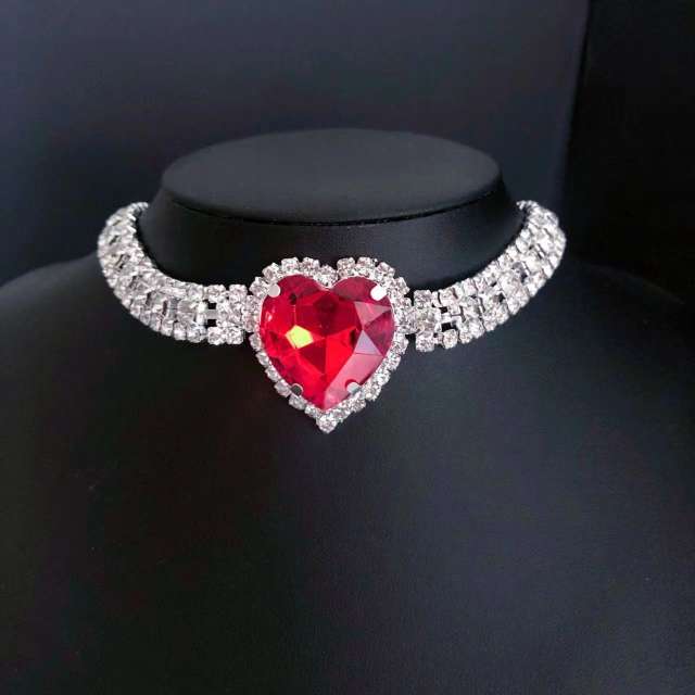 Chunky personality colorful glass crystal heart diamond choker necklace