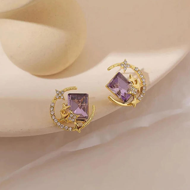 Elegant amethyst cubic zircon moon star studs earrings