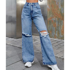 Fashionable ripped denim bootcut pants for women